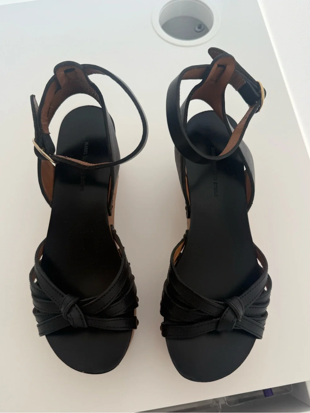 Isabel Marant Étoile Black Leather Wooden Platform Wedge Sandals Ankle Strap